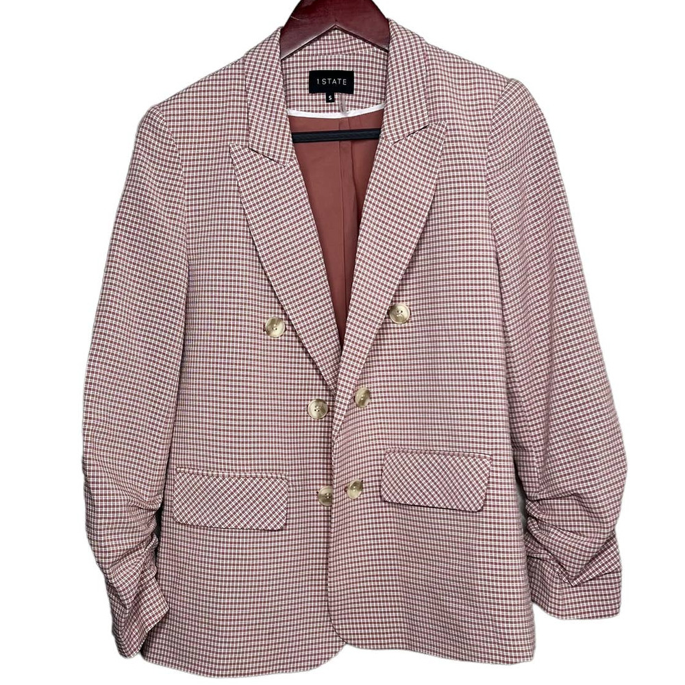 1. State Pink Shoulder Pad Double Breasted Check Print Blazer Size S